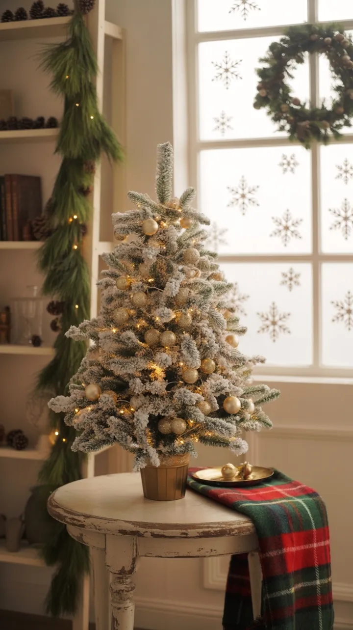 Sunlit Cozy Living Room with Flocked Tree and Plaid Accents