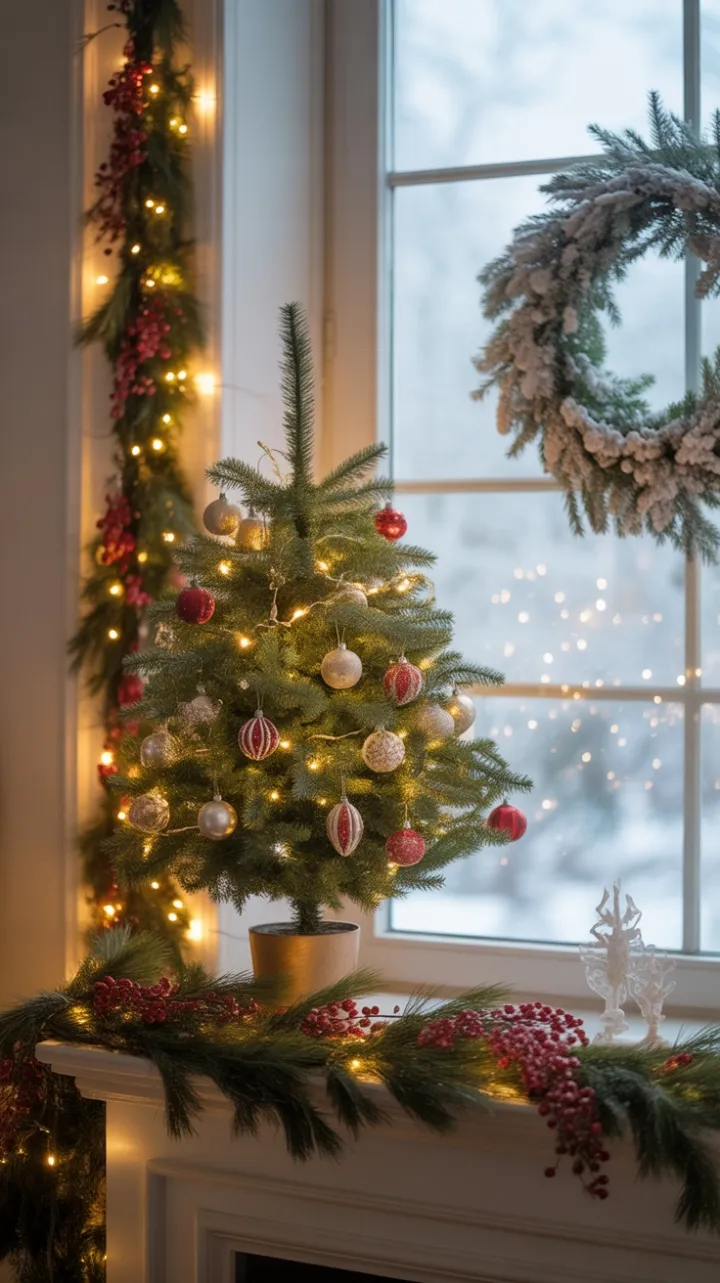 Twinkling Lights and Frosted Windows in a Cozy Christmas Living Room