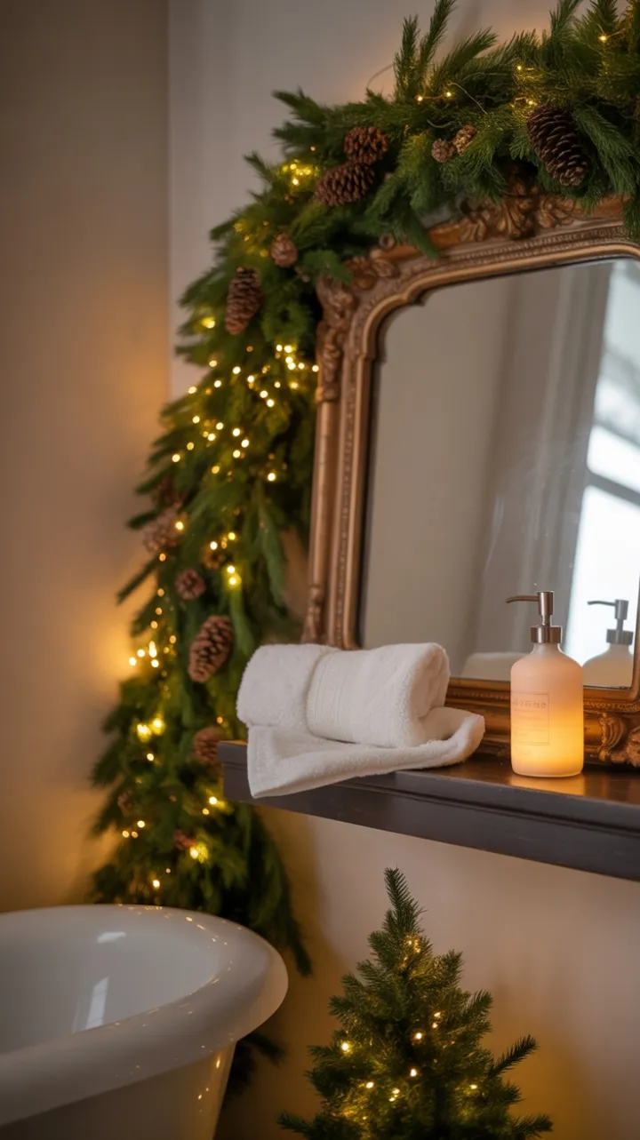 Cozy Christmas Bath Retreat with Garland, Candlelight, and Vintage Charm