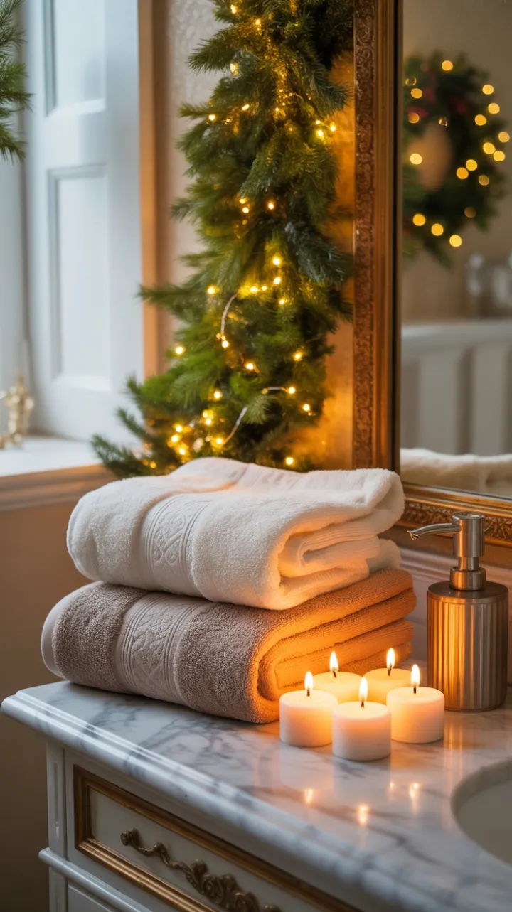 Luxurious Christmas Retreat with Marble Vanity and Garland Glow