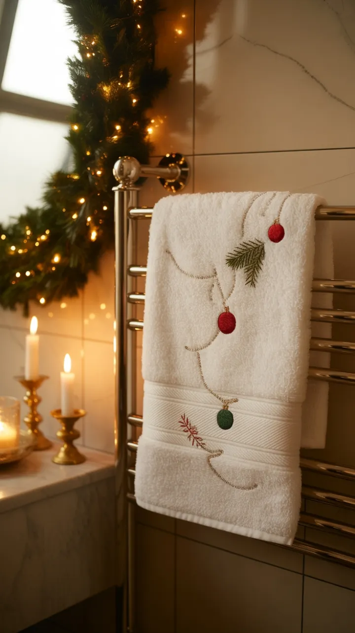 Candlelit Holiday Luxury with Plush Towel and Pine Sprig