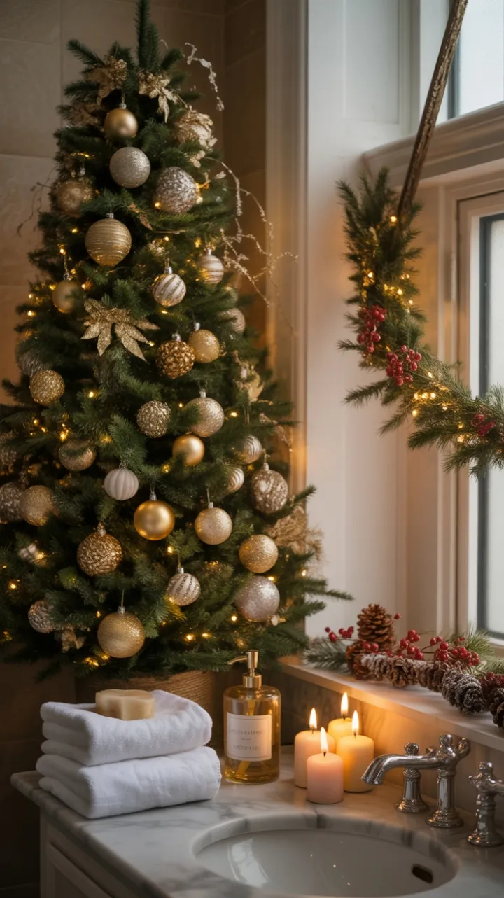 Lavish Holiday Bathroom with a Towering Gold and Silver Christmas Tree