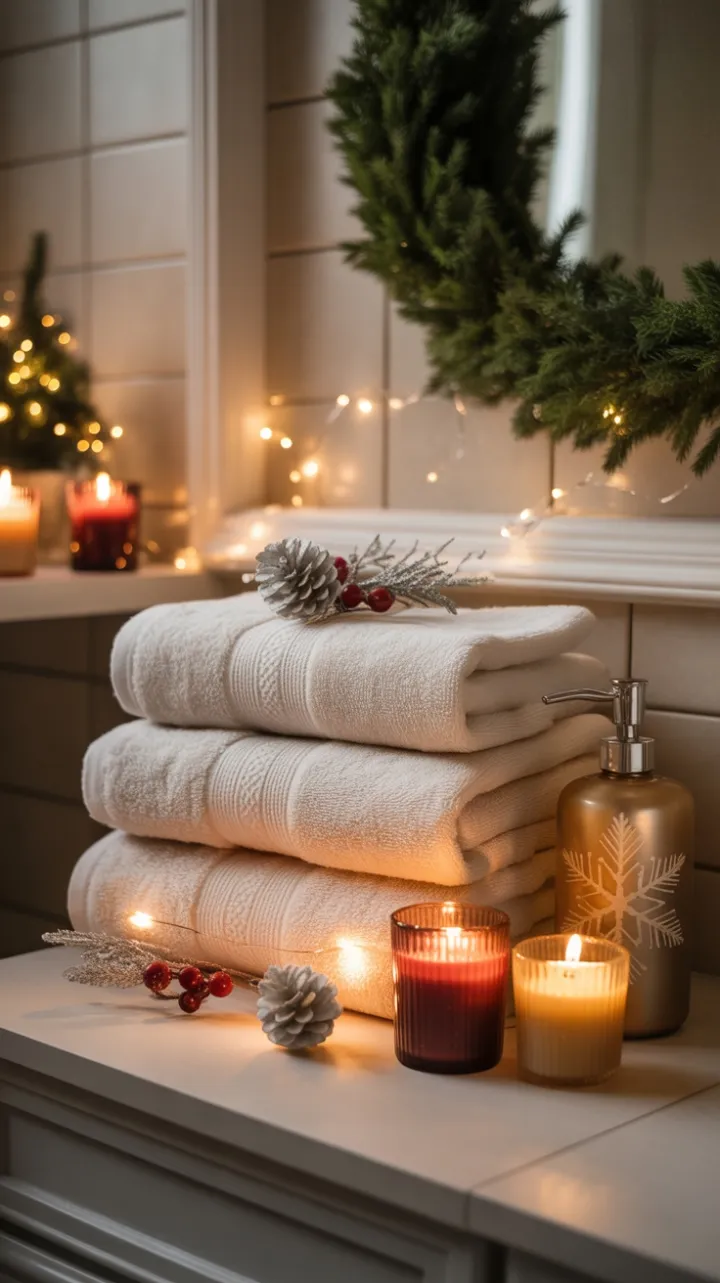 Candlelit Holiday Haven with Plush Towels and Twinkling Lights