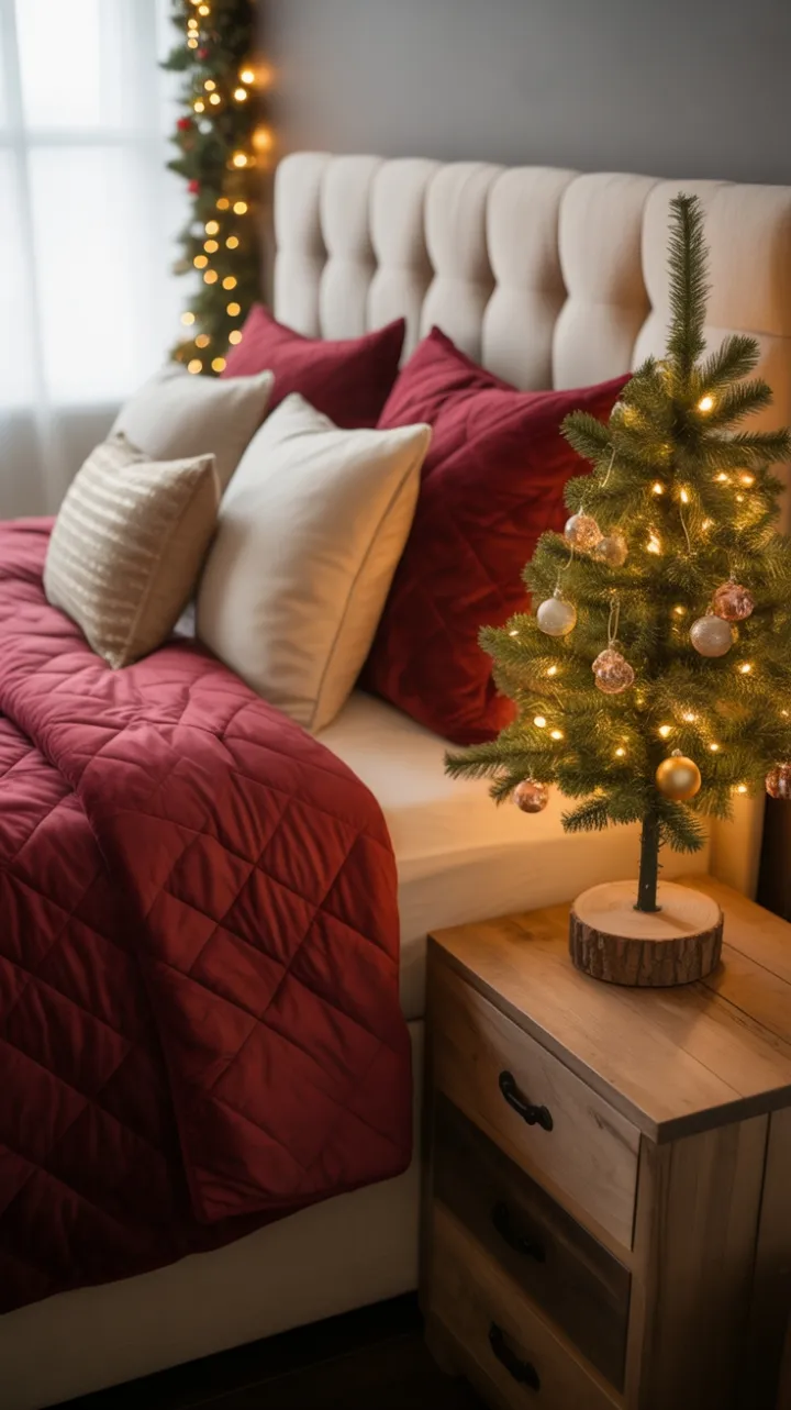 Warm Holiday Haven with Luxe Red Bed and Twinkling Tree