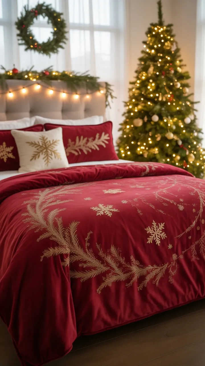 Cozy Crimson Christmas Bedroom Bathed in Golden Light