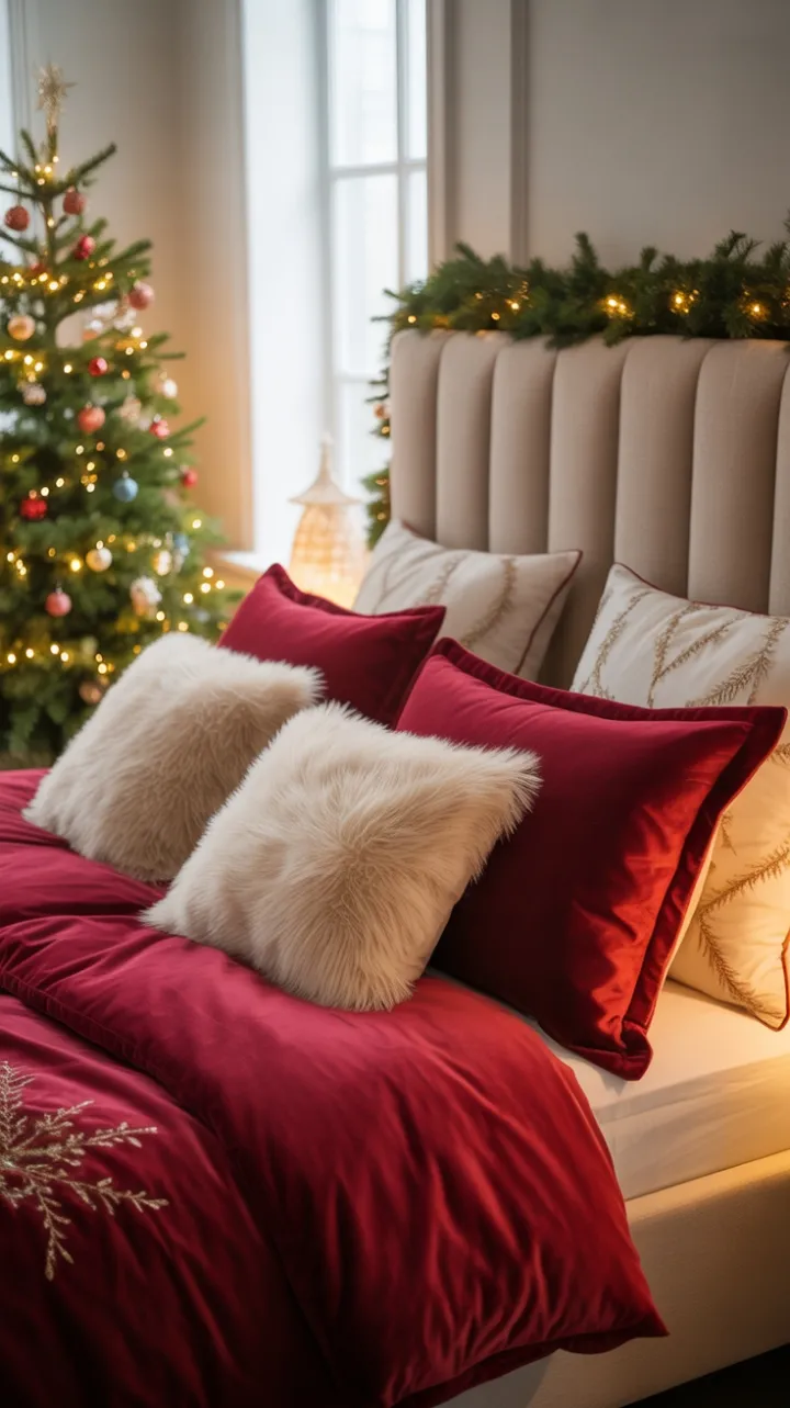 King-Sized Holiday Haven with Velvet Bedding and Twinkling Lights