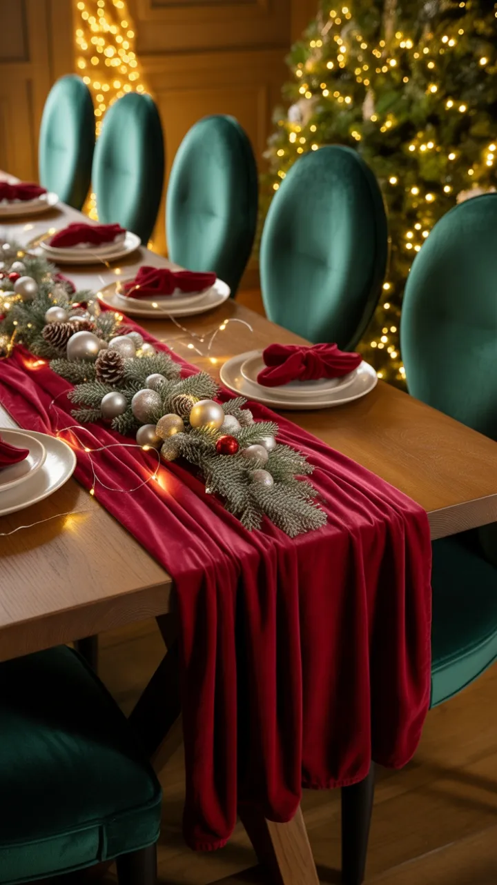 Crimson Velvet Holiday Table Bathed in Golden Tree Light