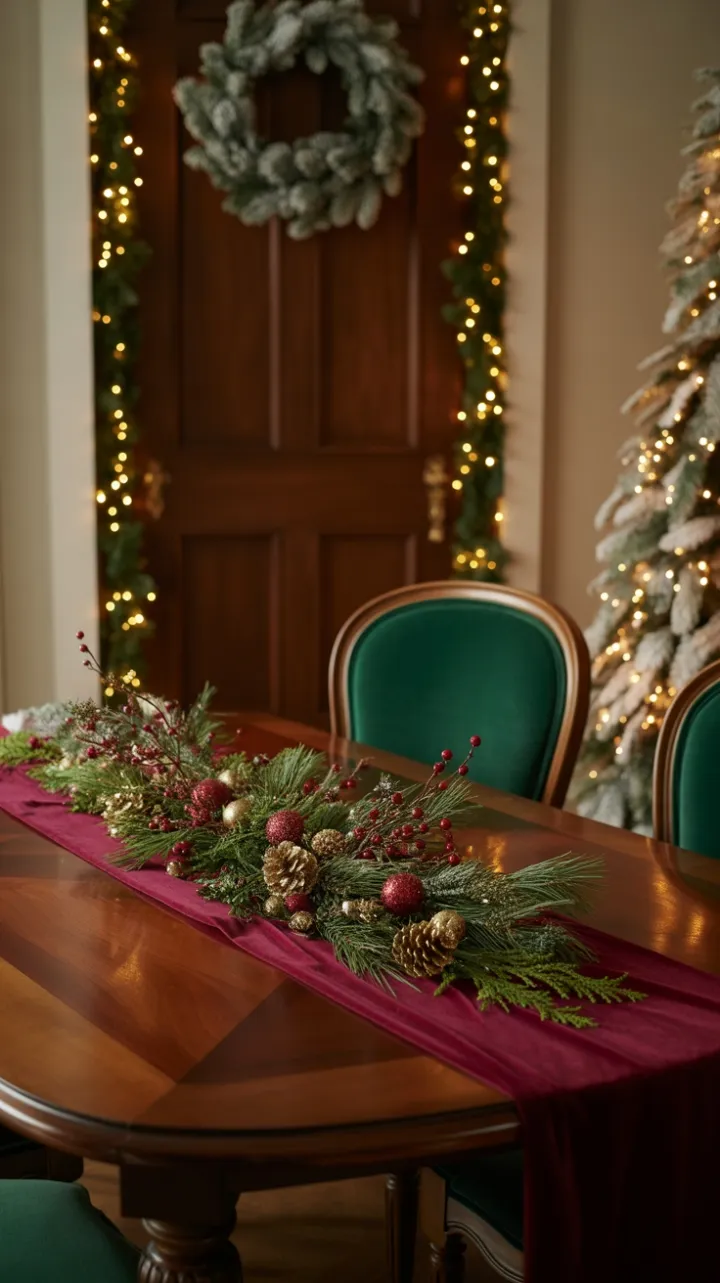 Elegant Burgundy Holiday Table with Gold Pinecones and Emerald Accents