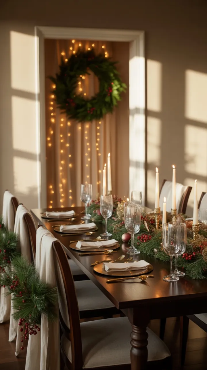 Candlelit Mahogany Table Dressed in Evergreen Elegance
