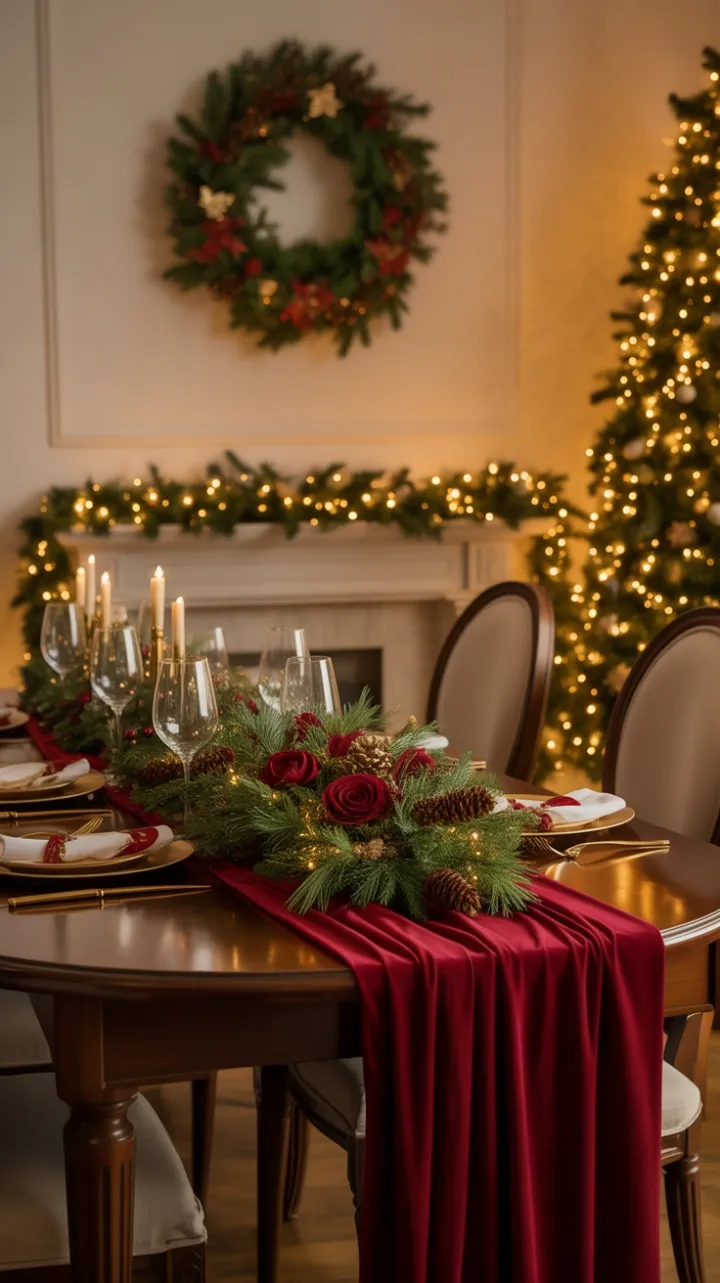 Velvet Reds and Golden Glow in a Cozy Christmas Dining Room