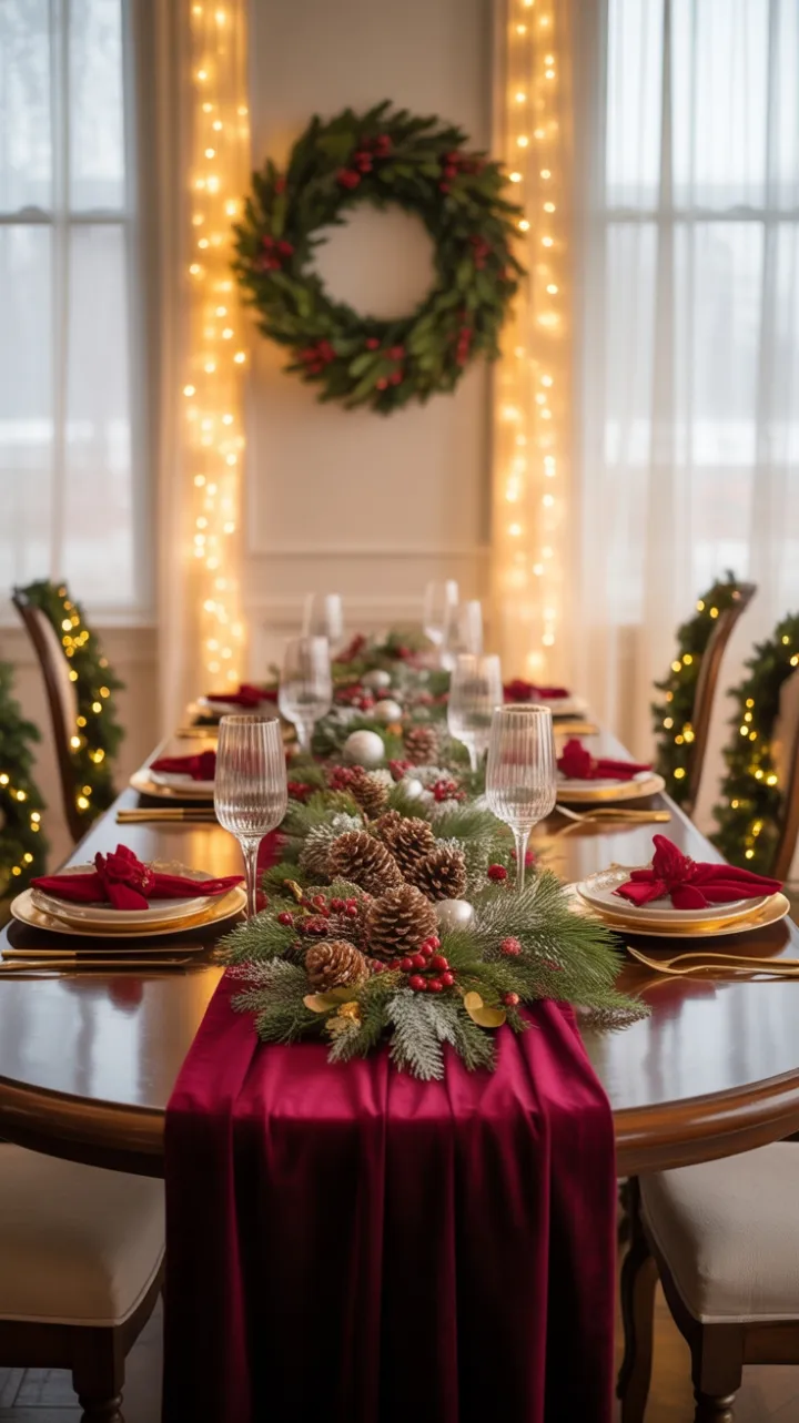 Crimson Velvet Holiday Table Bathed in Warm Light