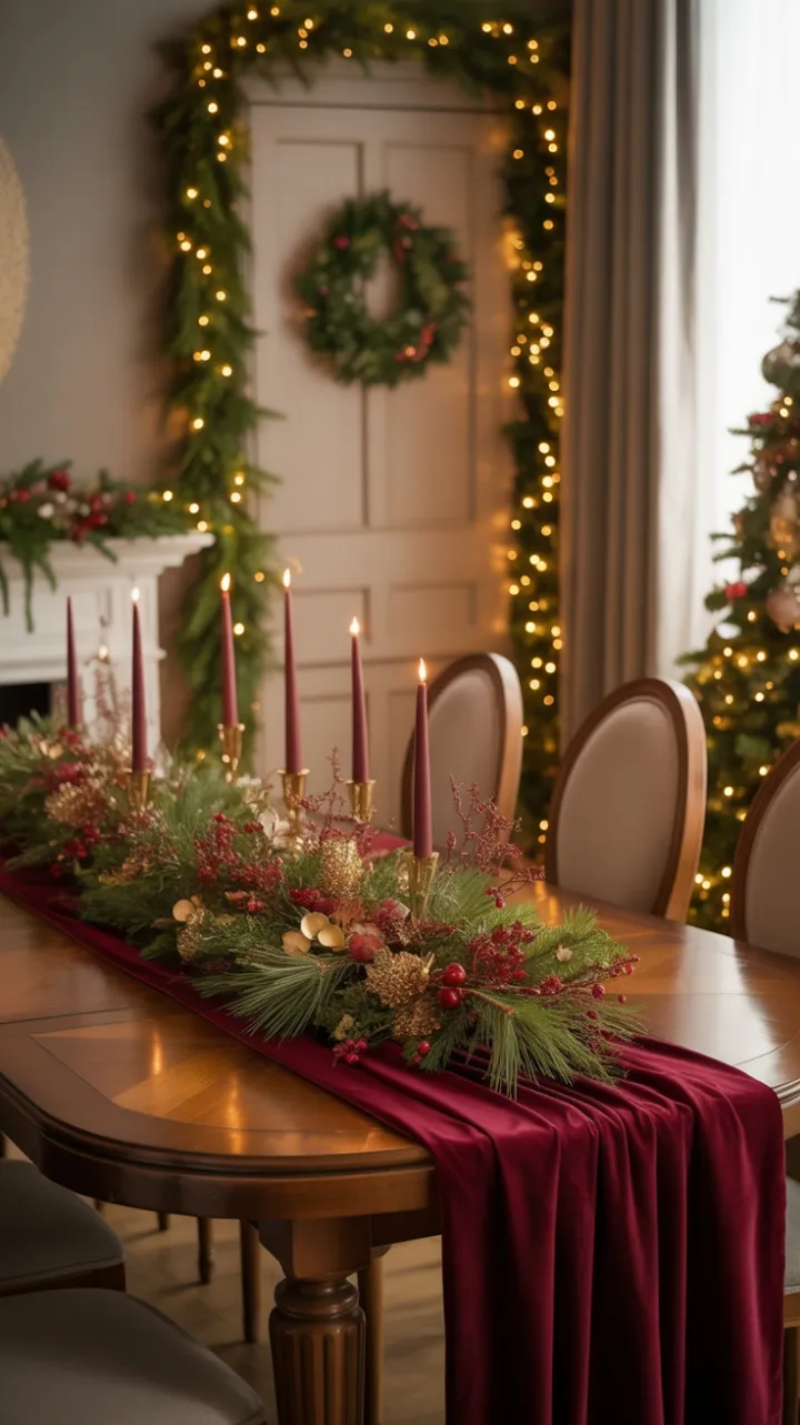 Burgundy Velvet Holiday Table Dressed in Gold, Berries, and Twinkling Light