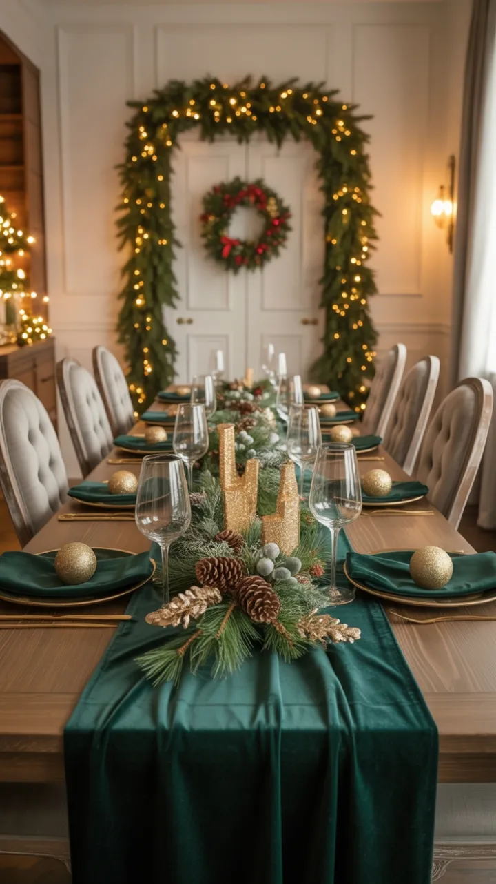 Emerald Velvet Holiday Table Dressed in Gold and Warm Lights