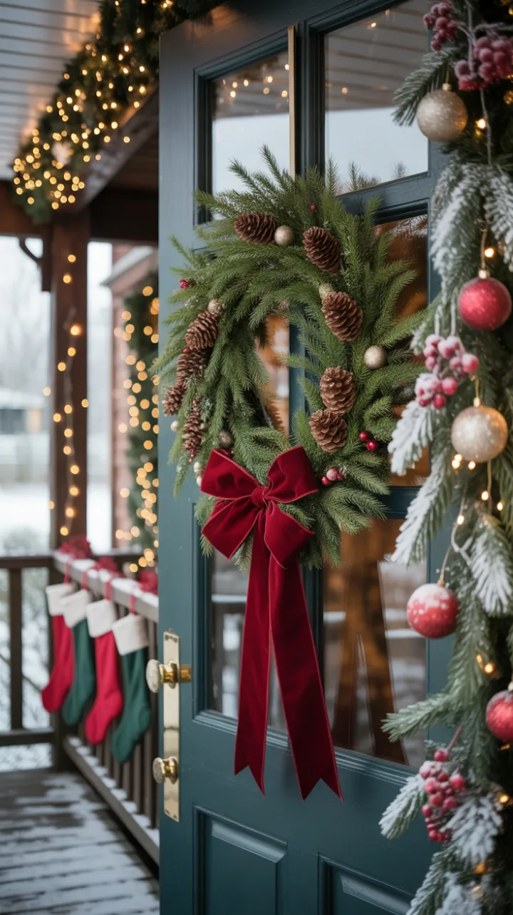 Crimson Bow on a Snow-Kissed Holiday Door