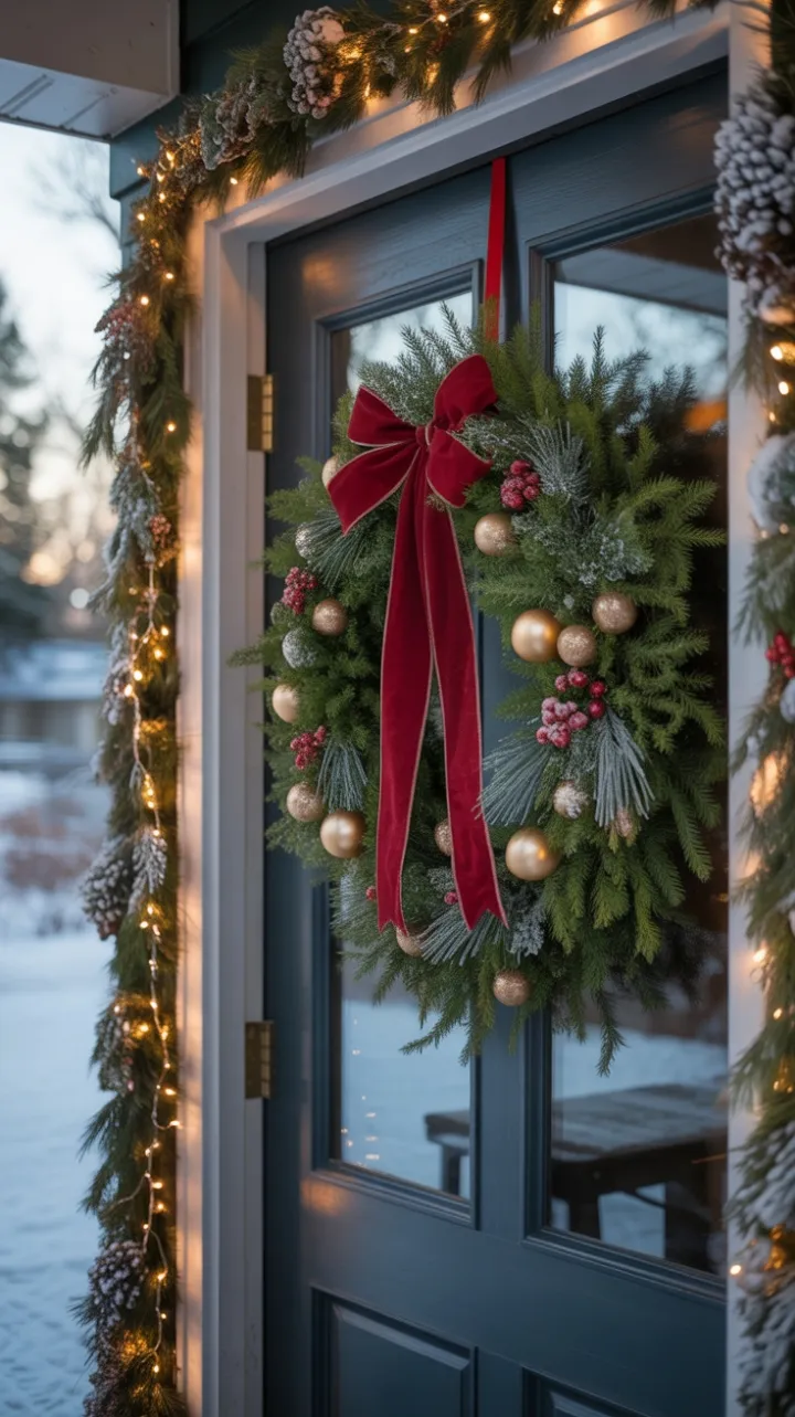 Cozy Holiday Welcome with Velvet Bow and Twinkling Lights