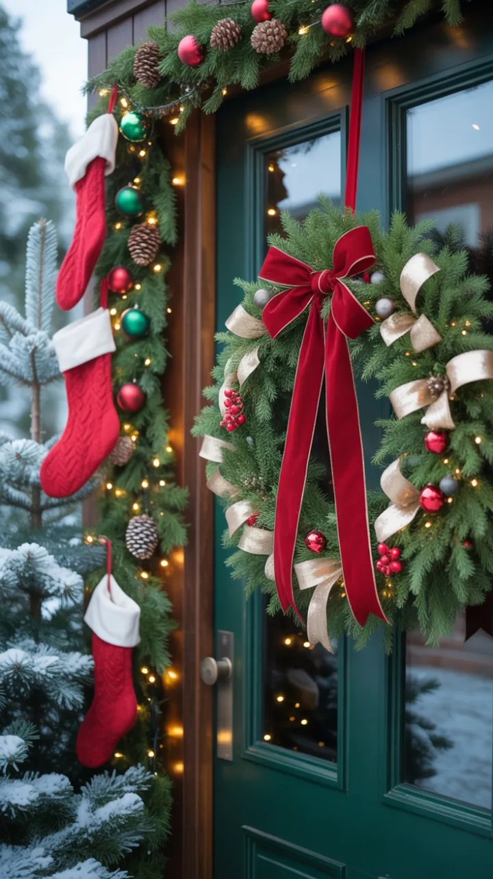A Cozy Christmas Welcome with Velvet Bow and Twinkling Lights