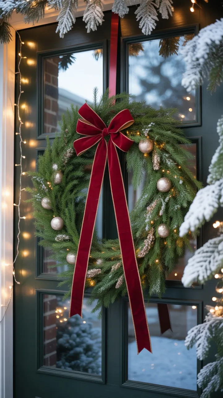 Snow-Kissed Welcome with Velvet Bow and Twinkling Lights