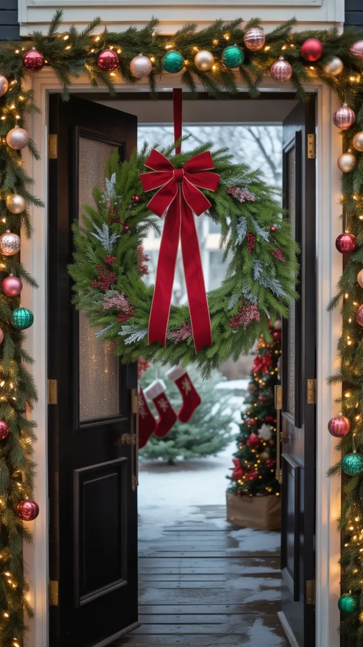 Warm Holiday Welcome with Velvet Bow, Twinkling Lights, and Snow‑Dusted Charm