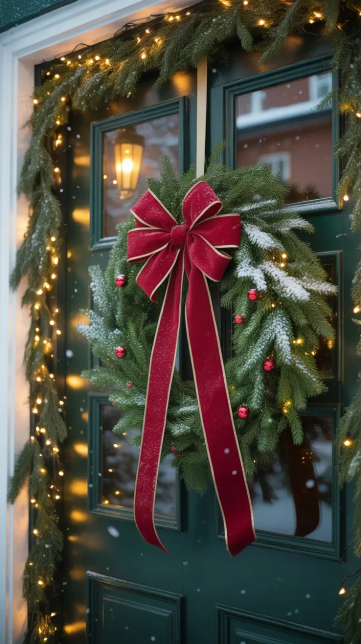 Snow-Kissed Christmas Welcome with Velvet Bow and Twinkling Lights