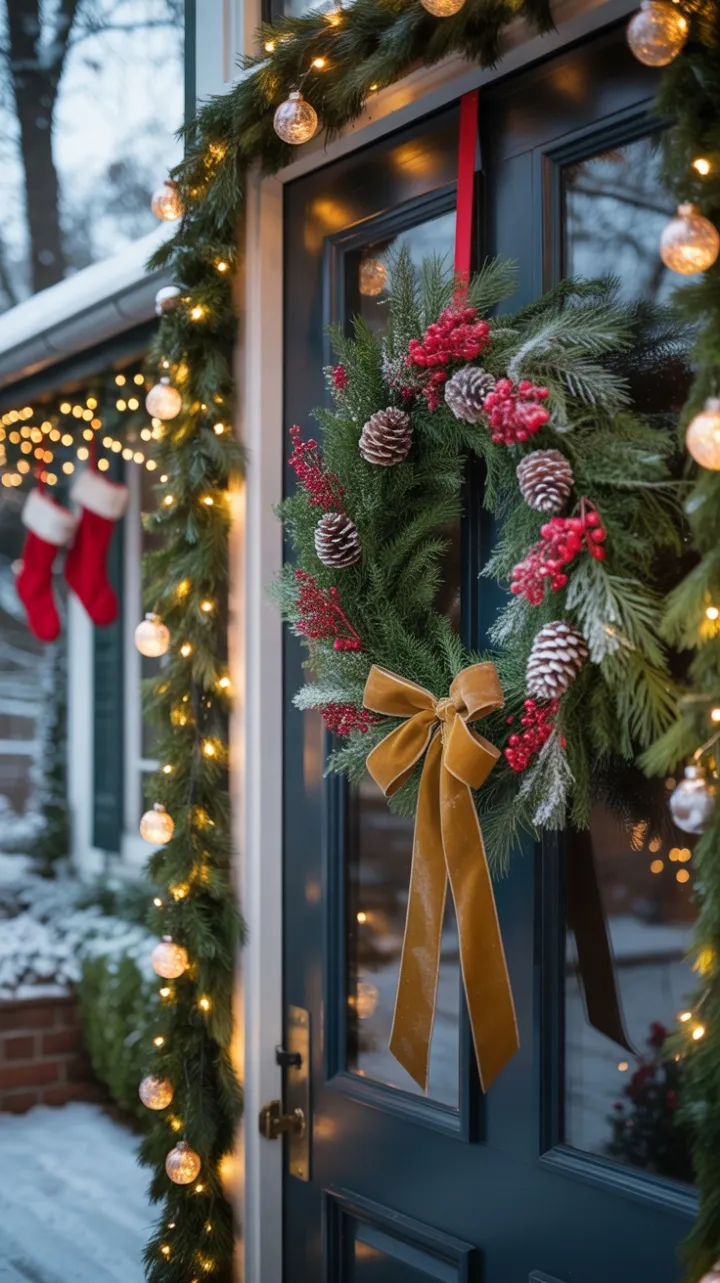 Snow-Kissed Welcome: Velvet Bow, Twinkling Lights, and Holiday Cheer