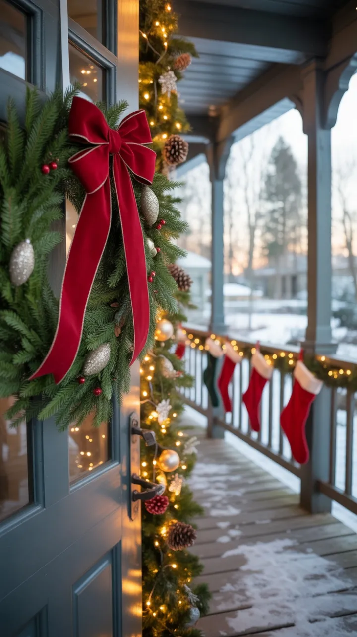 Sunlit Christmas Welcome with Velvet Bow and Twinkling Lights