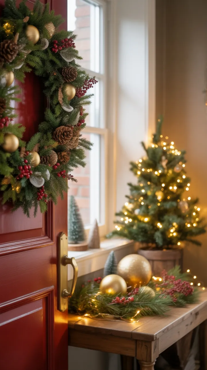 Cozy Holiday Entryway with Pine Wreath and Golden Glow