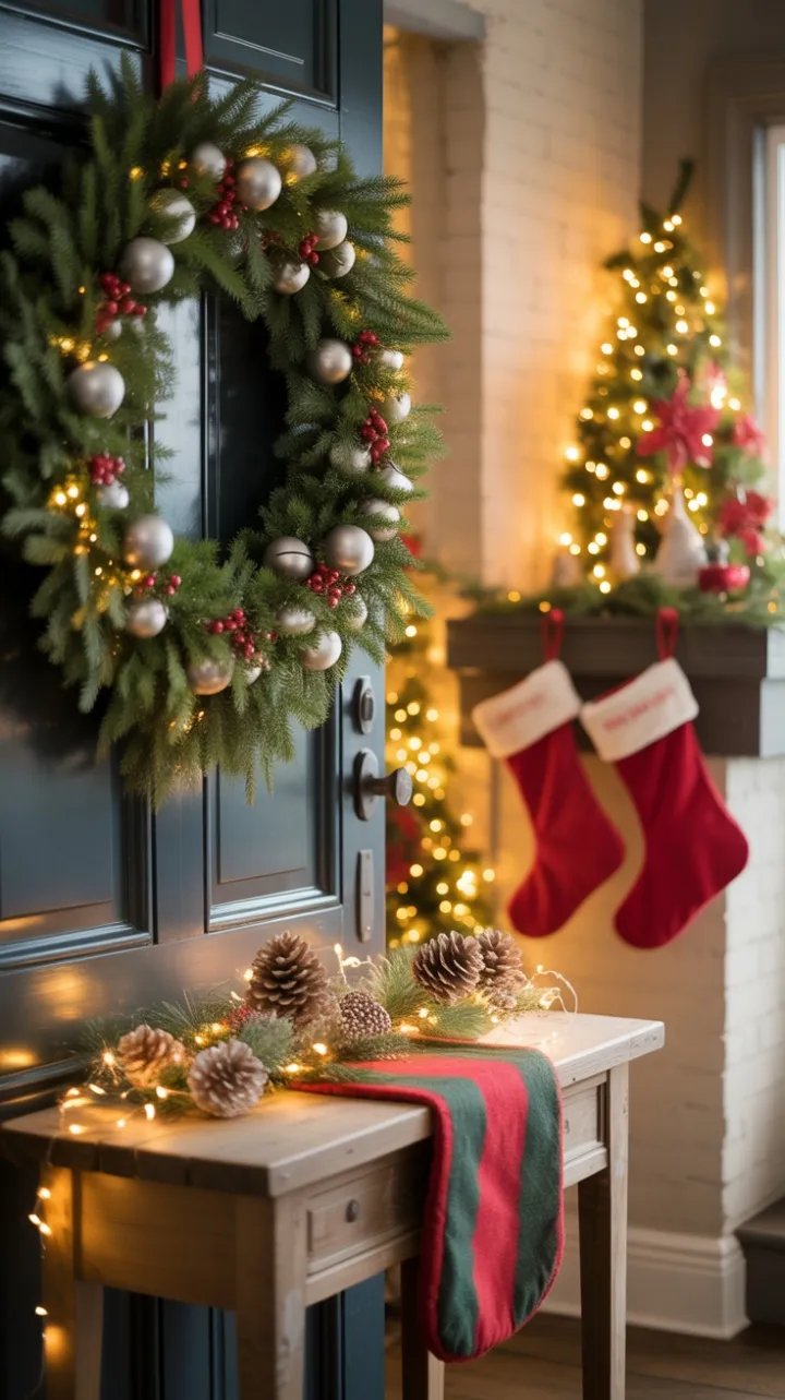A Cozy Christmas Welcome of Wreaths, Lights, and Stockings
