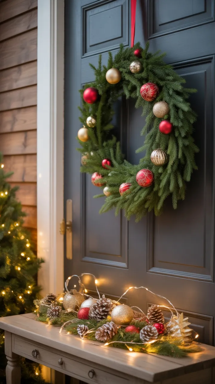 Warm Holiday Welcome with Evergreen Wreath and Golden Glow