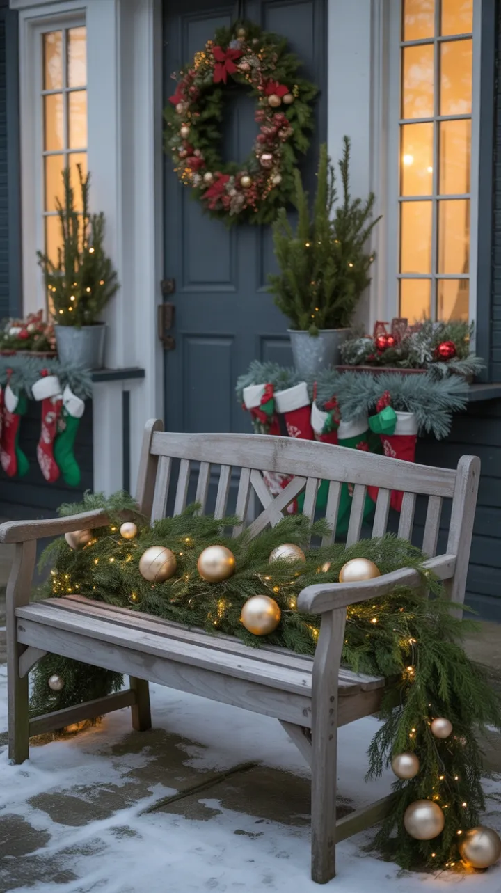 Snow-Kissed Porch Dressed in Evergreen Garland and Golden Lights