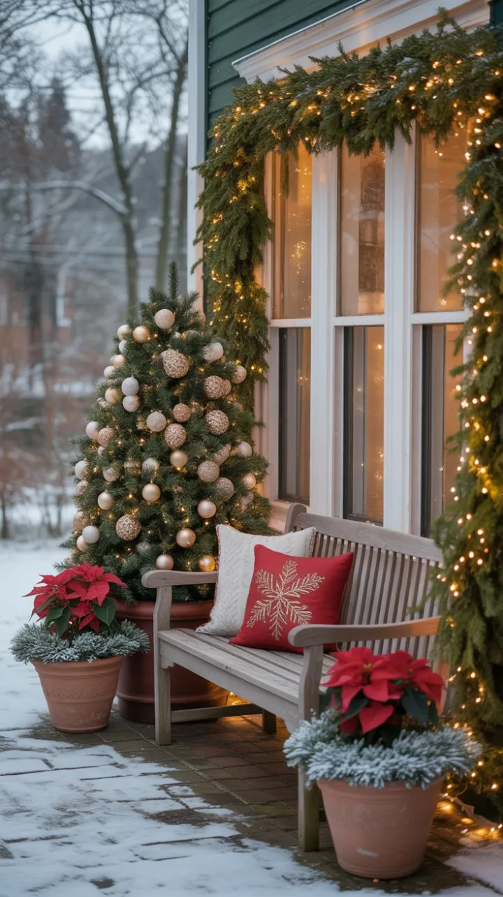Snow-Kissed Porch with Twinkling Lights and Poinsettia Cheer