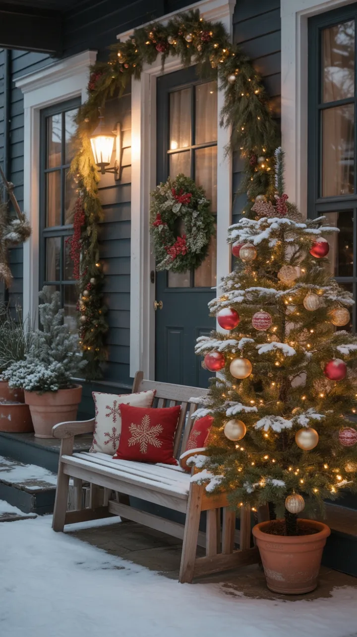 Warm Welcome on a Snow-Kissed Christmas Porch