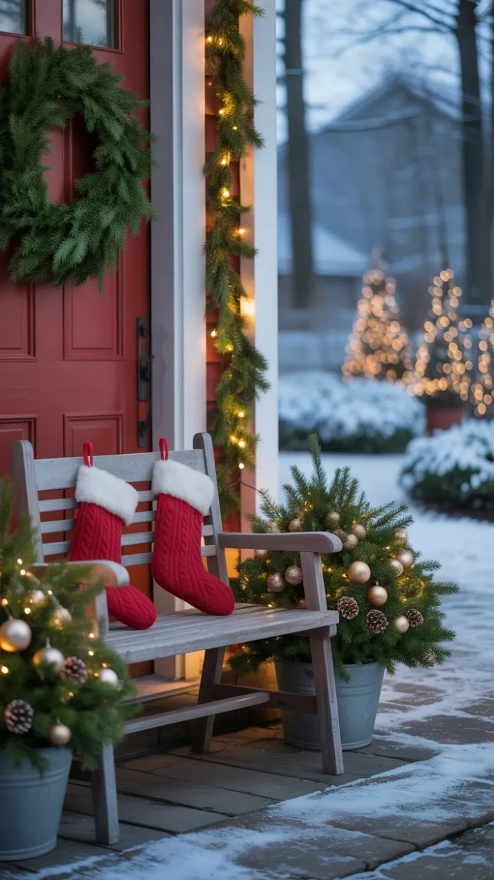 Snow-Kissed Welcome with Rustic Bench Wreaths and Twinkling Lights