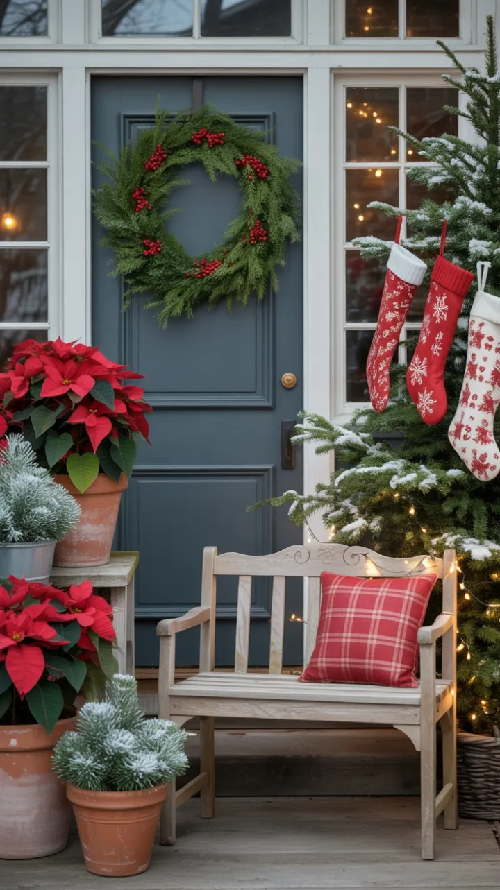 Twinkle-Lit Christmas Porch with Wreath and Poinsettias