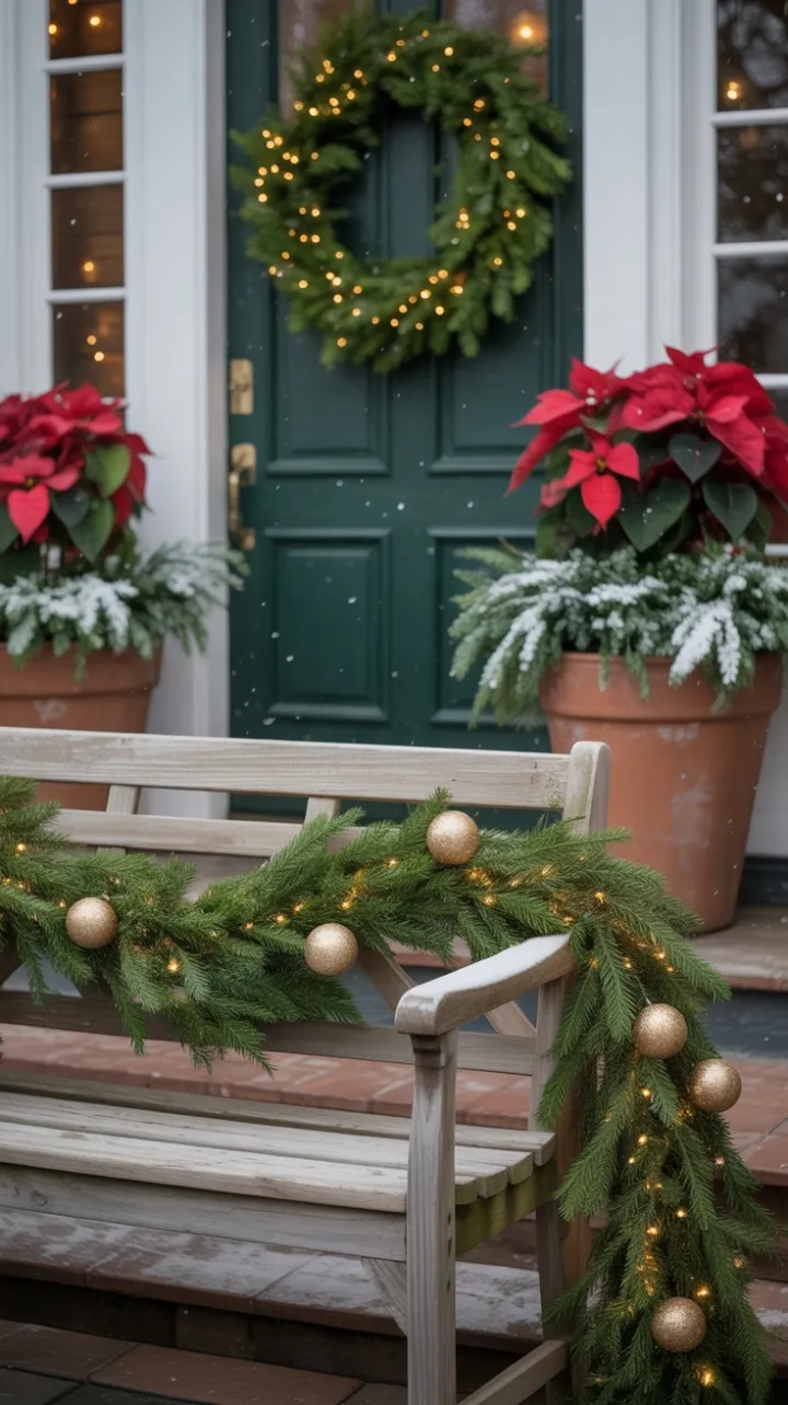 Snow-Kissed Holiday Porch with Rustic Bench and Twinkling Garland