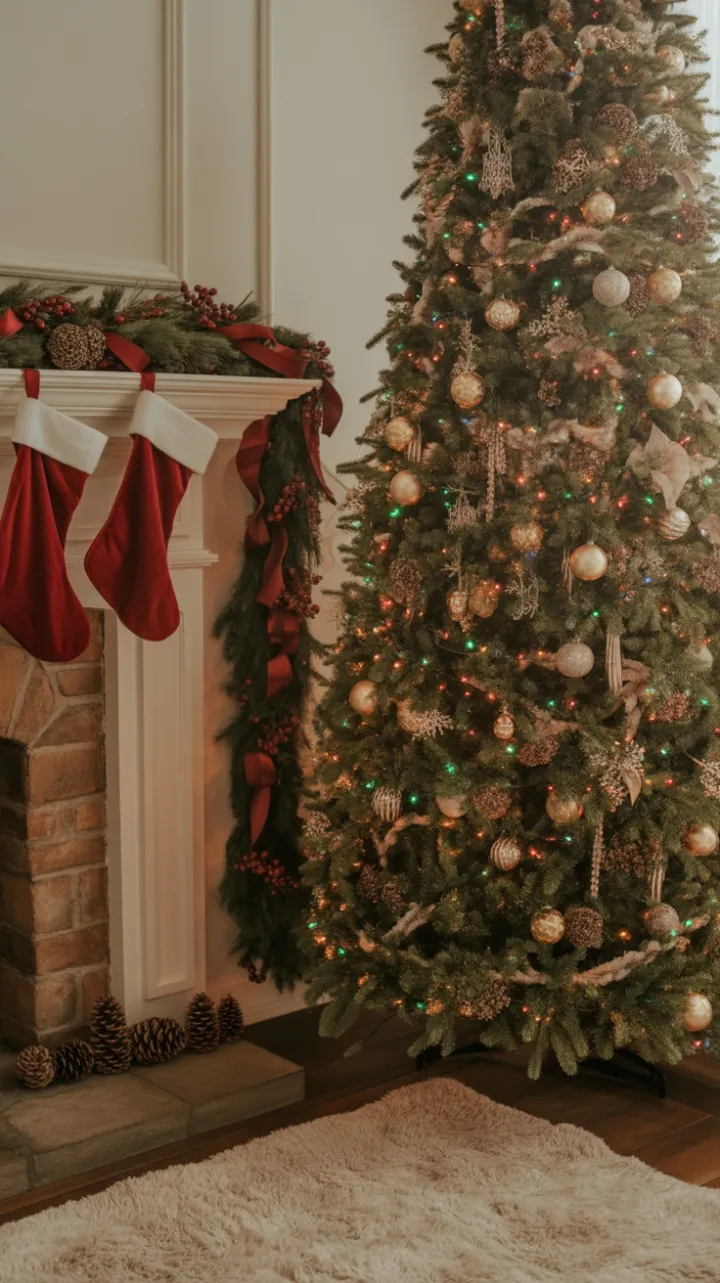 Twinkling Holiday Haven with Gold Ornaments and Velvet Stockings