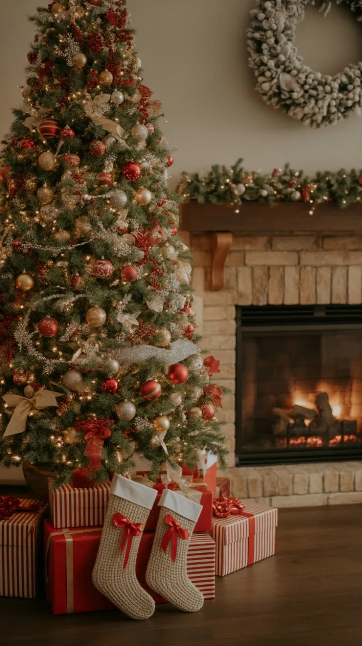 Warm Fireside Christmas, Golden Tree, Glowing Lights and Wrapped Joy
