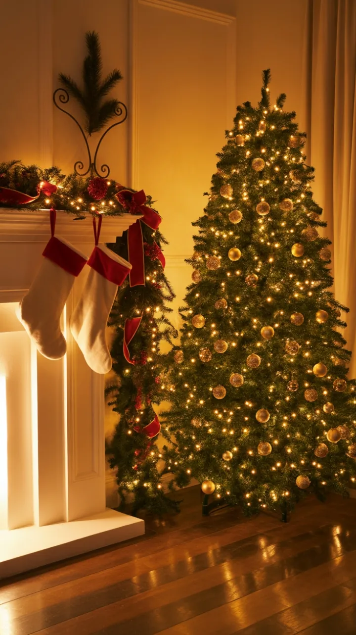 Golden Christmas Glow – Warm Hearth and Twinkling Tree