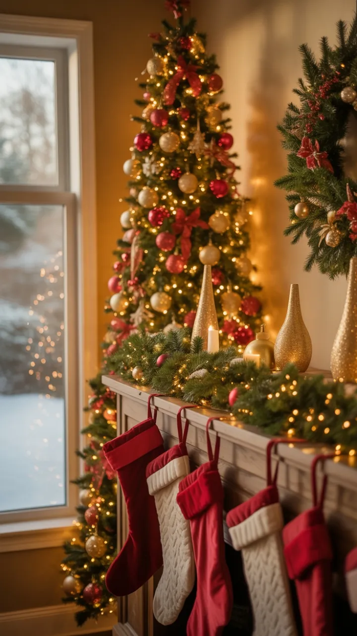 Twinkling Tree and Velvet Stockings by a Snow-Dusted Window
