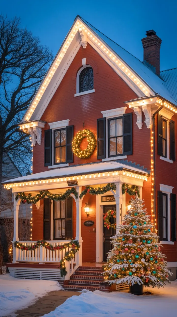 Victorian Christmas Glow on a Red Brick Home