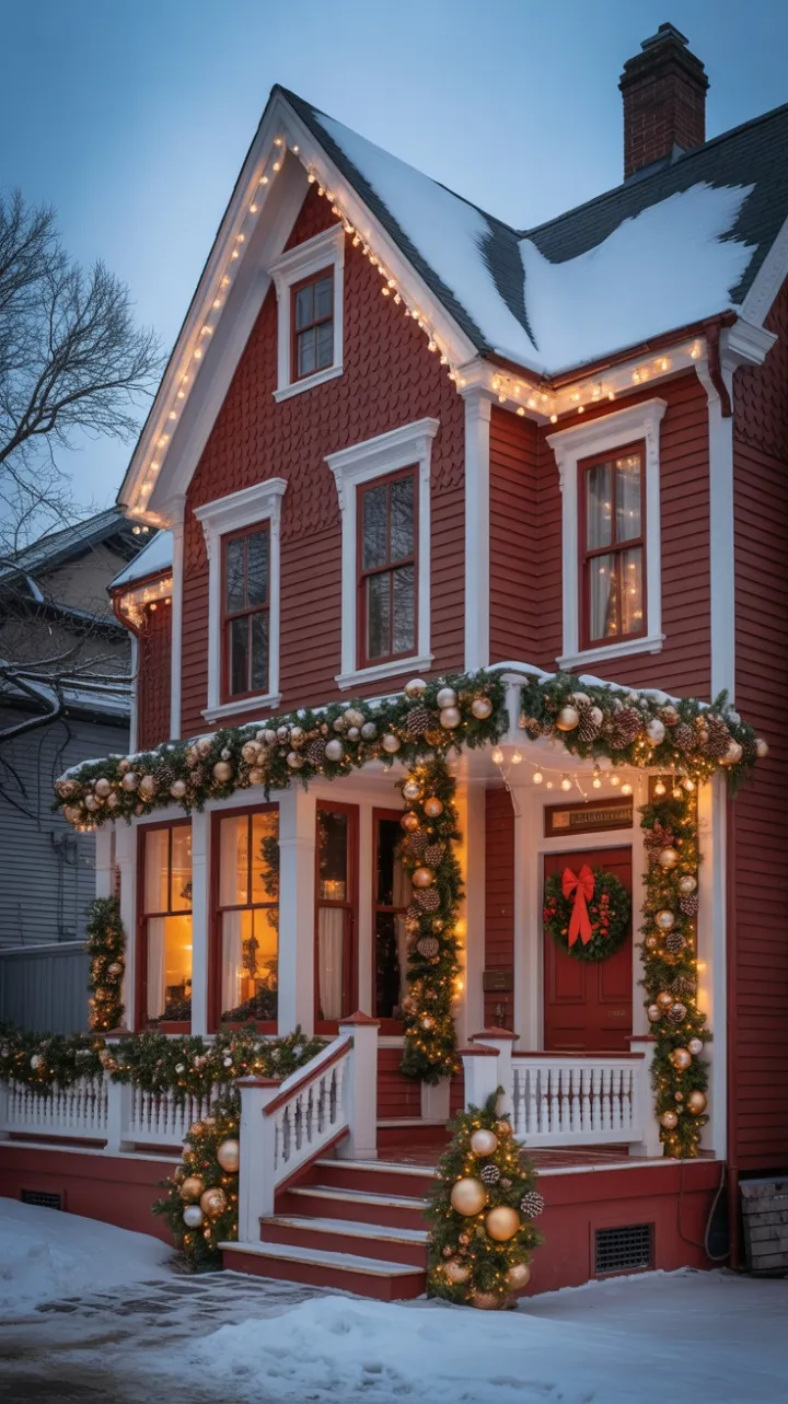 Sunset on a Red Victorian Dressed for Christmas