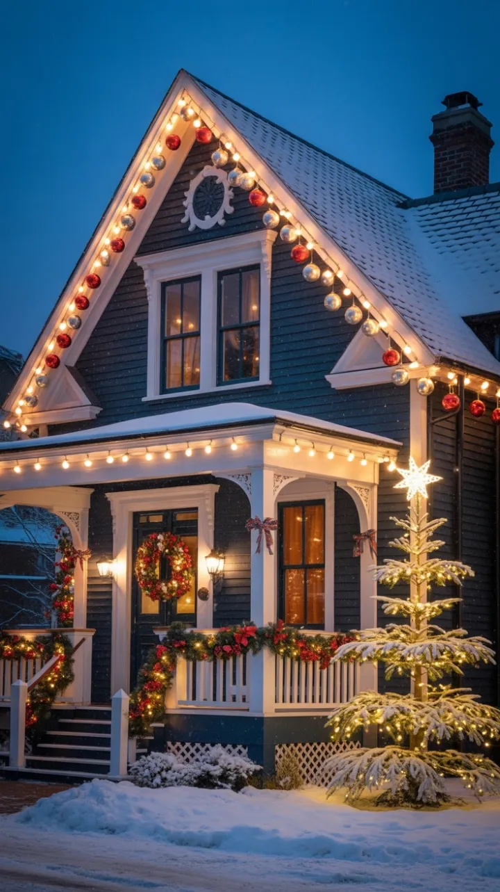 Snow‑Kissed Victorian Home Lit by Warm Twinkling Christmas Lights