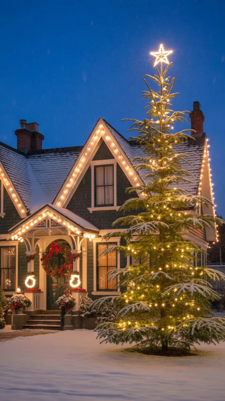 Victorian Home Aglow with Christmas Lights and Falling Snow