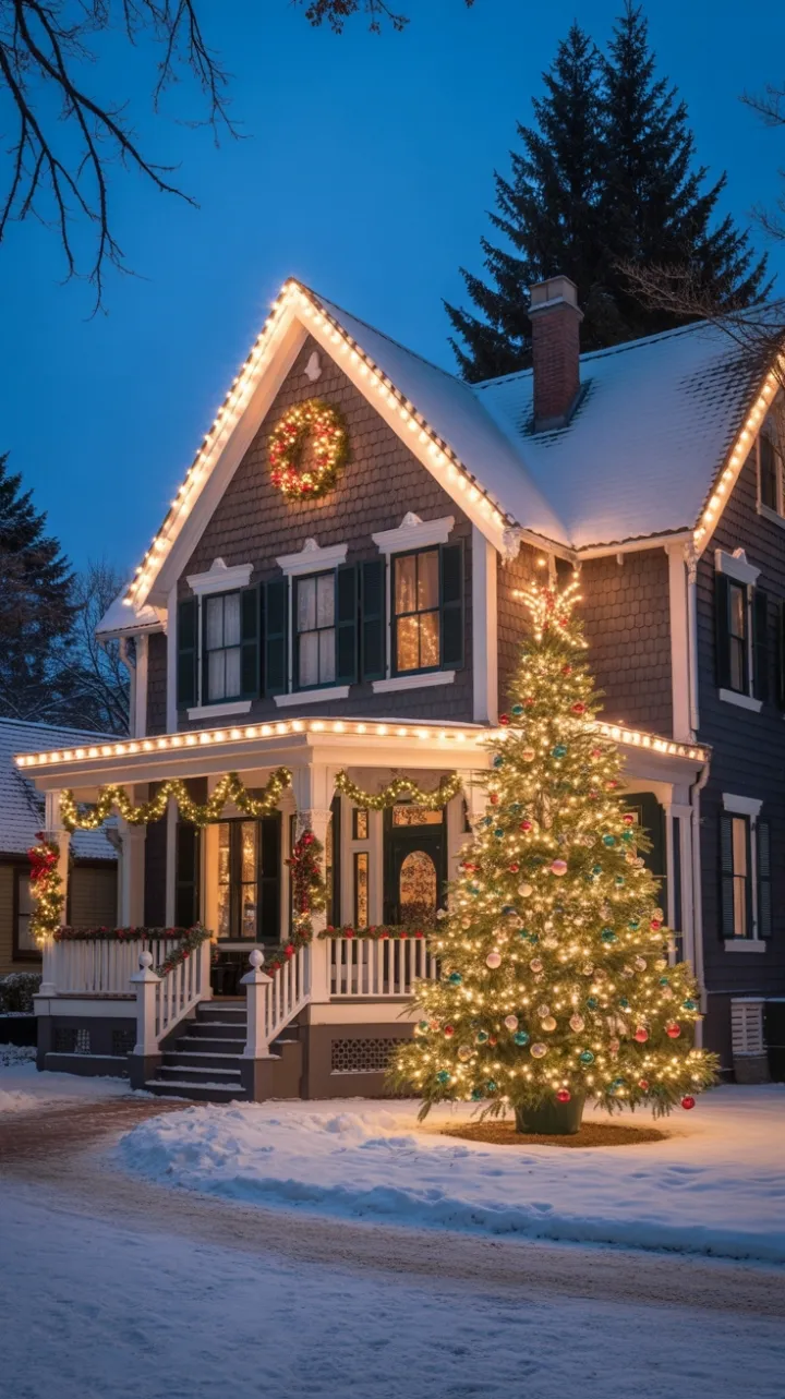 Snow-Kissed Victorian Bathed in Holiday Lights