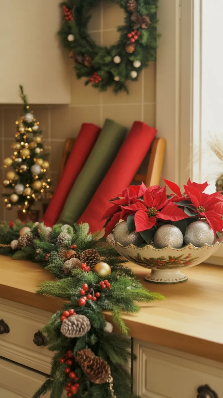 Cozy Holiday Kitchen Dressed in Garland, Poinsettias, and Twinkling Lights