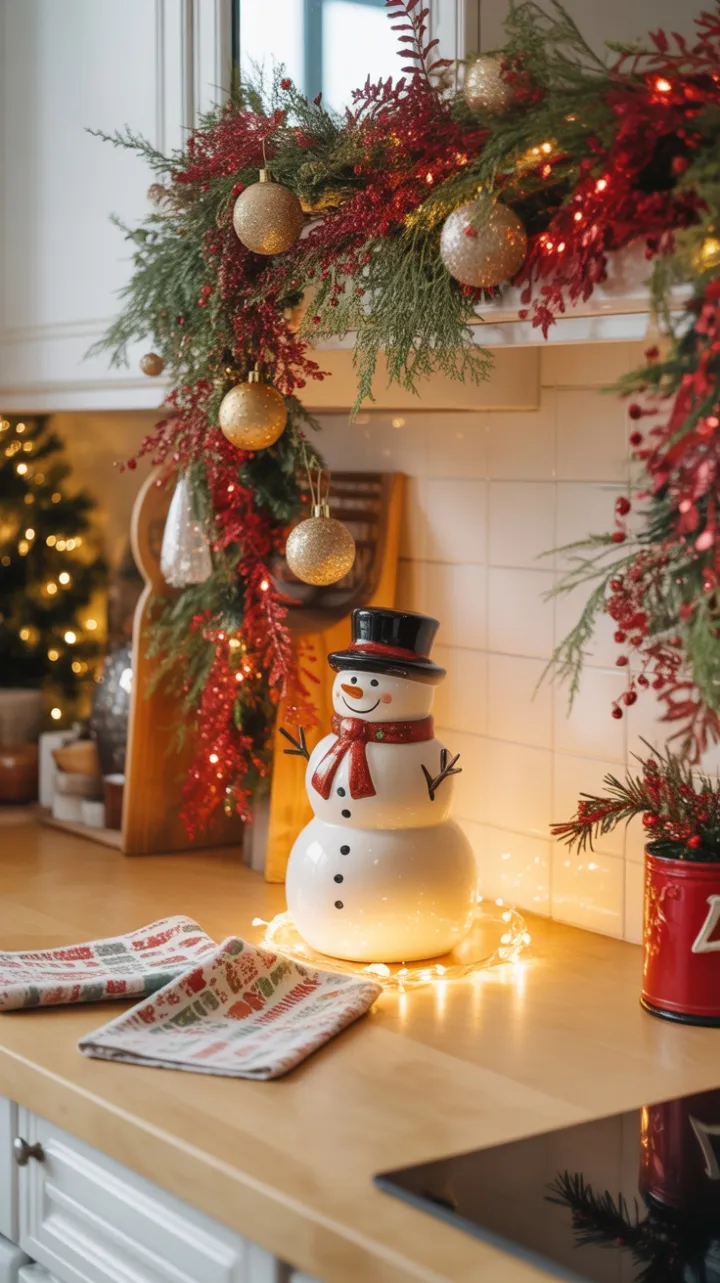 Cozy Christmas Countertop Glow with Snowman Centerpiece