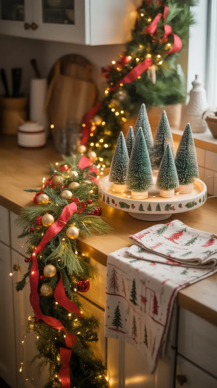Cozy Kitchen Christmas with Garland, Gold Ornaments, and Twinkling Lights