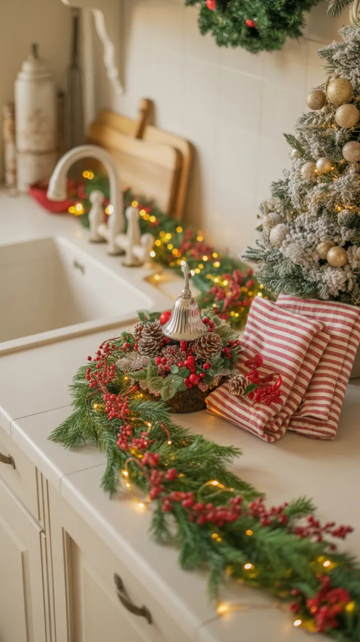 Warm Kitchen Counter Wrapped in Garland, Twinkle Lights, and Festive Cheer