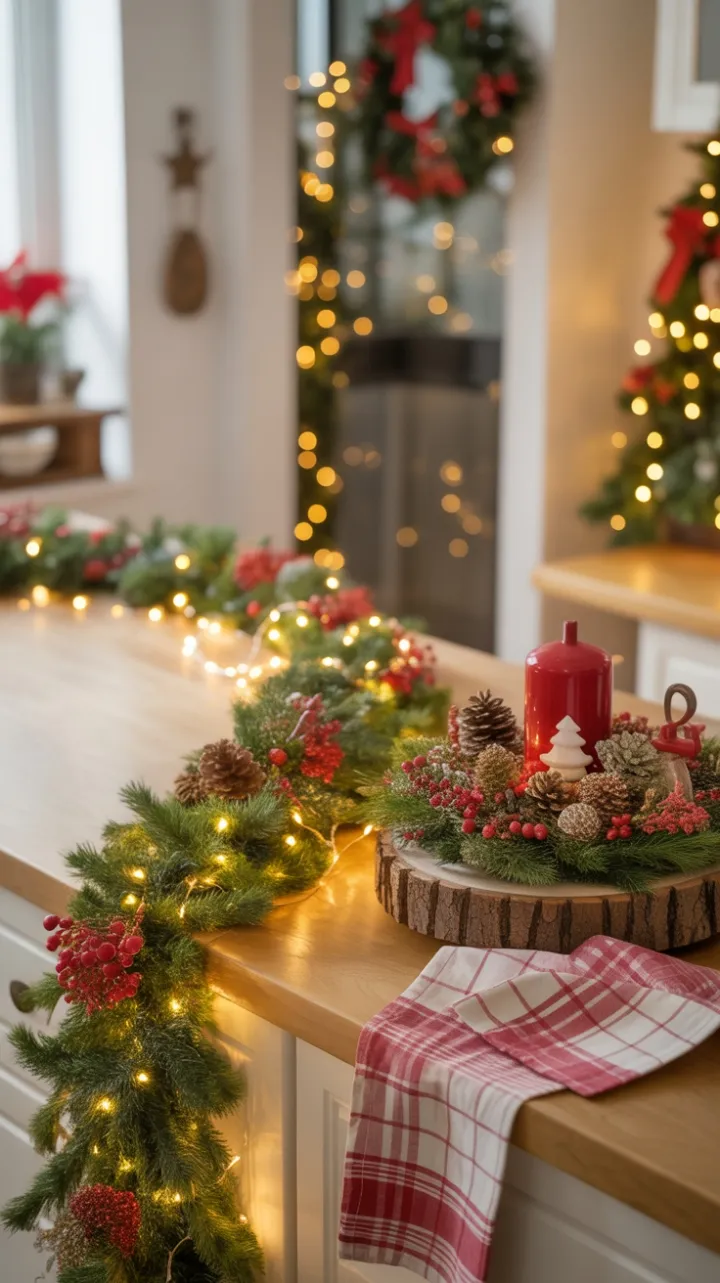 Cozy Christmas Countertop with Twinkling Garland and Rustic Pinecone Centerpiece