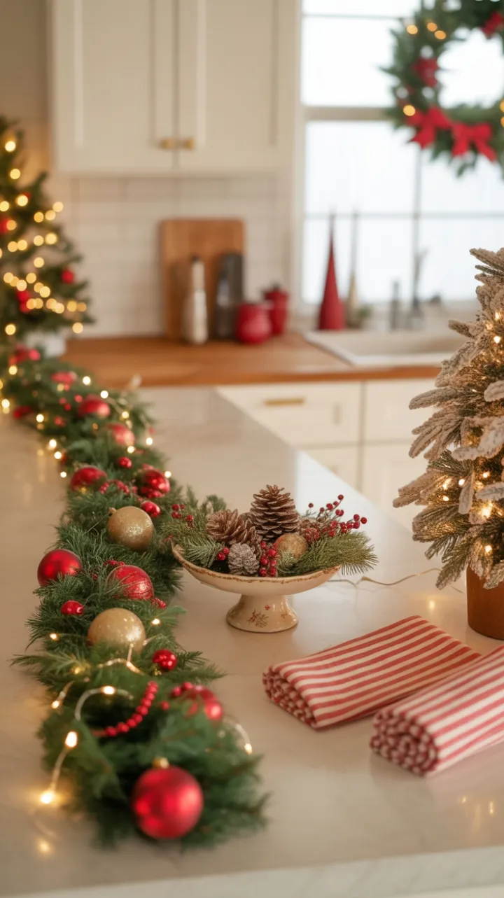 Warm Kitchen Holiday Glow with Garland and Twinkling Mini Tree