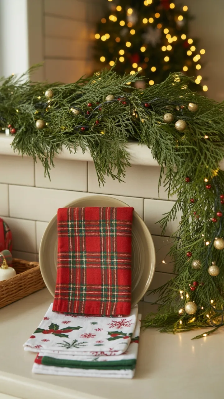 Warm Holiday Kitchen with Garland, Plaid Centerpiece and Twinkling Lights
